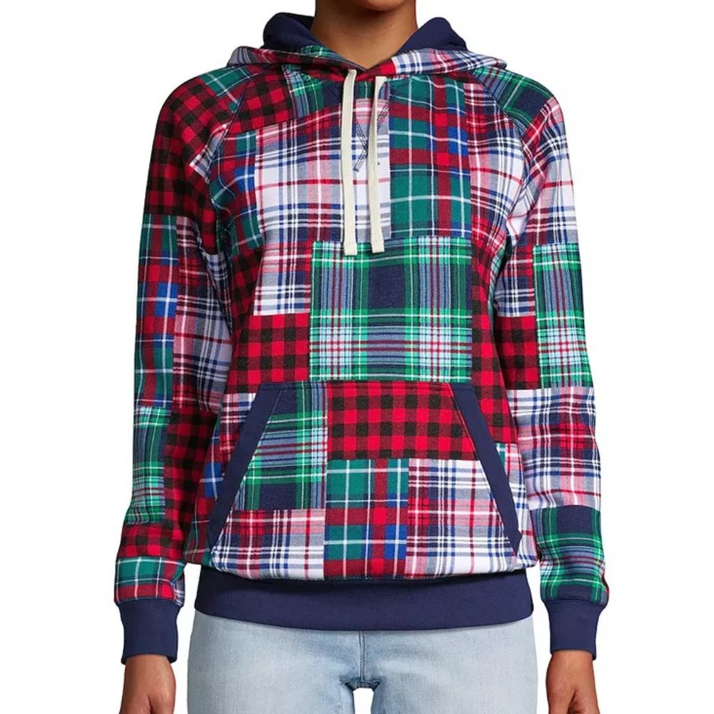 NWT Lands' End Serious Sweats Hoodie plaid patchwork XS